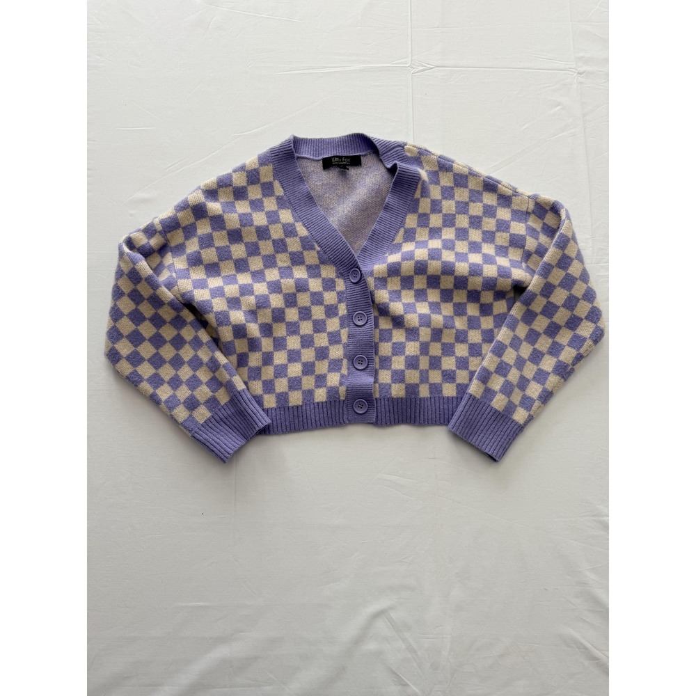 Witty Fox Cardigan Sweater Juniors Small Purple Checkered V Neck Button Cropped